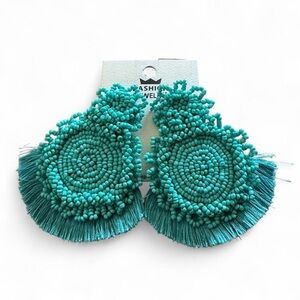 Elegant Turquoise Beaded Statement Drop Earrings with Tassels, Bohemian Style